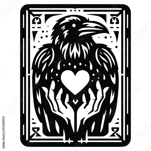 raven bird in Tarot card black and white silhouette illustration photo