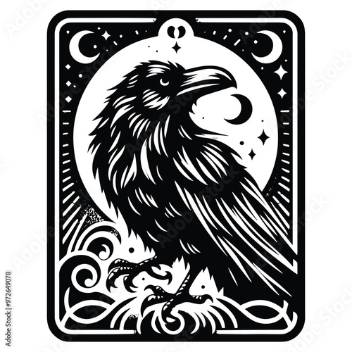 raven bird in Tarot card black and white silhouette illustration