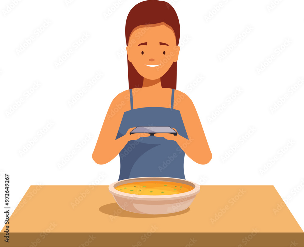 Smiling woman taking photo of soup with her smartphone Smiling woman taking photo of soup with her smartphone