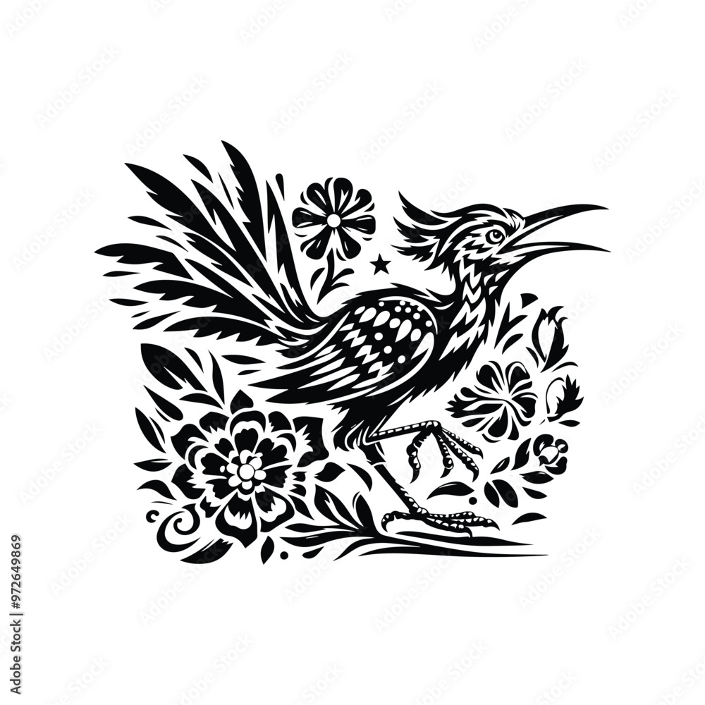 Obraz premium Roadrunner bird in folk art black and white silhouette illustration
