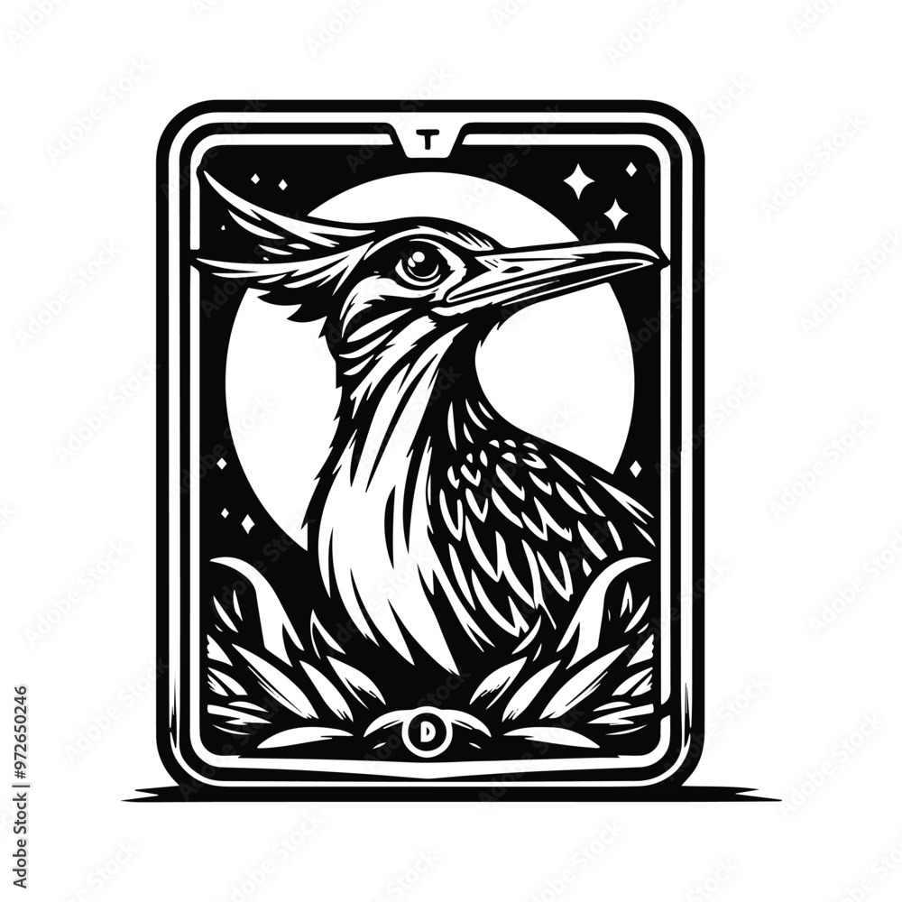 Naklejka premium Roadrunner bird in Tarot card black and white silhouette illustration