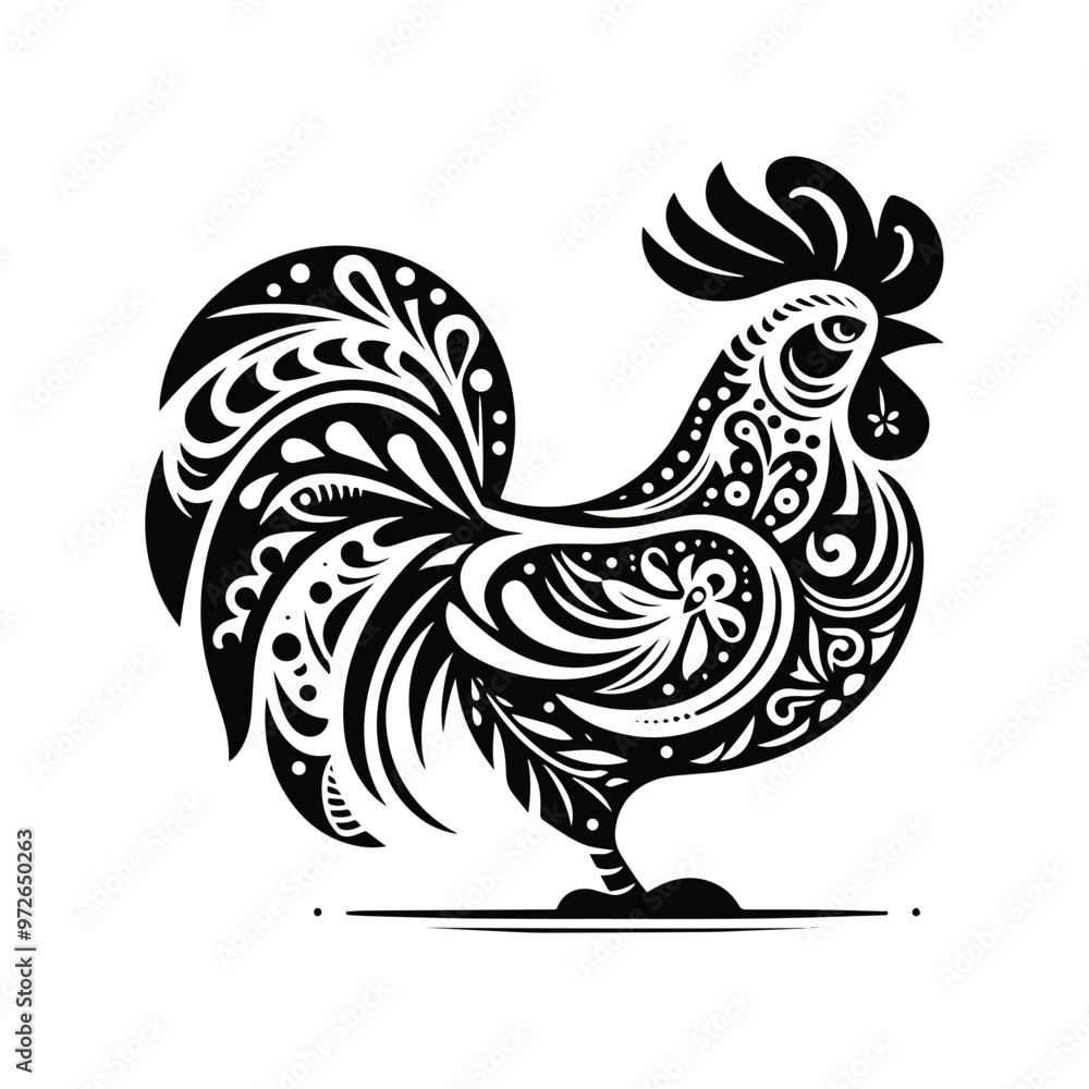 Obraz premium Rooster bird in folk art black and white silhouette illustration
