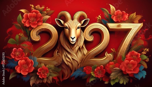 Chinese Year of the Goat 2027, Fire Goat, Happy New Chinese Year, Golden Goat with Red Flowers