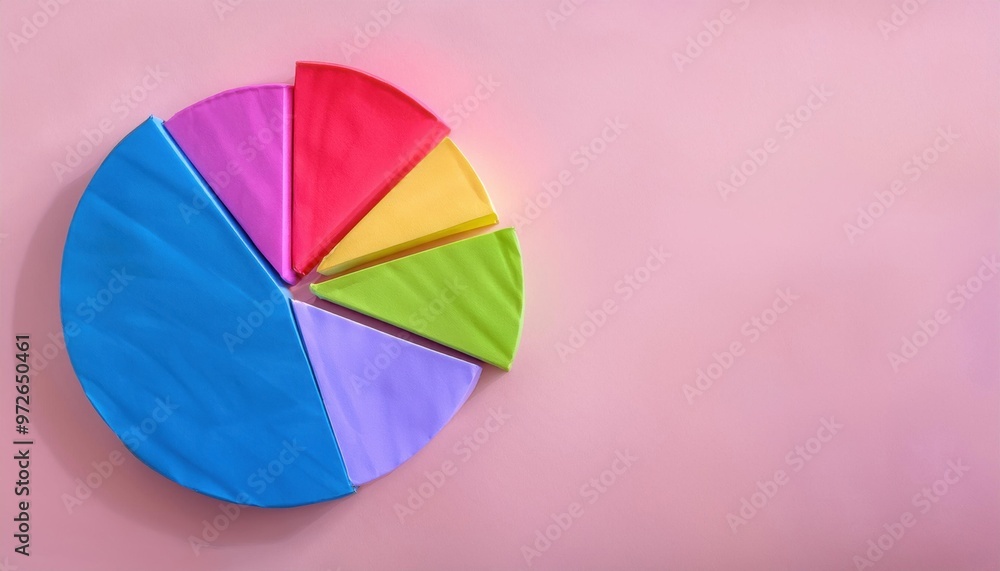 Obraz premium A colorful pie chart is cut into pieces and placed on a pink background