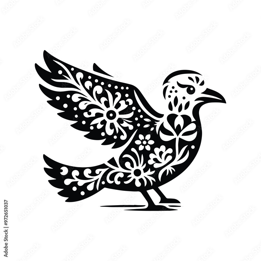 Obraz premium Seagull bird in folk art black and white silhouette illustration