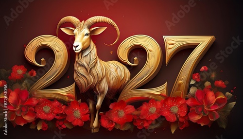 Chinese Year of the Goat 2027, Fire Goat, Happy New Chinese Year, Golden Goat with Red Flowers