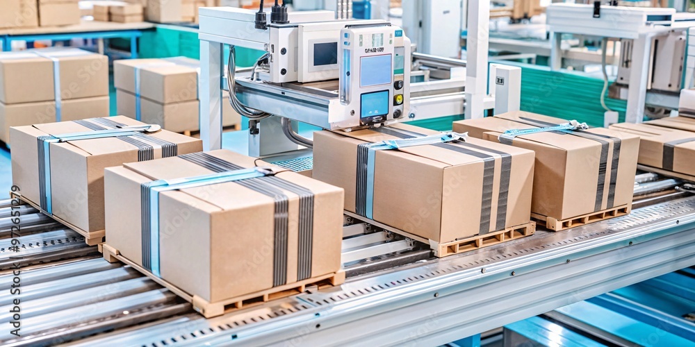 Automated Packaging Line in Modern Warehouse. A high-tech automated packaging line showcasing neatly stacked cardboard boxes on a conveyor system, designed for efficient sorting. Automated Packaging Line in Modern Warehouse. A high-tech automated packaging line showcasing neatly stacked cardboard boxes on a conveyor system, designed for efficient sorting.