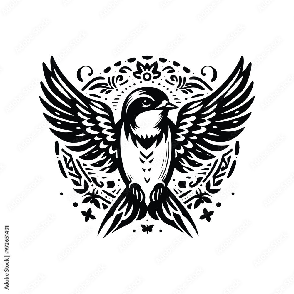 Obraz premium Swallow bird in bohemian black and white silhouette illustration