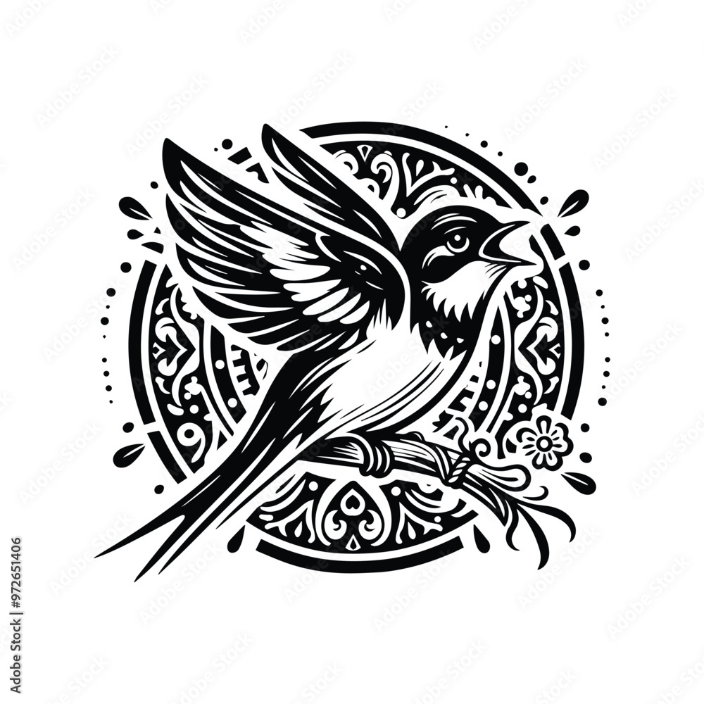 Obraz premium Swallow bird in bohemian black and white silhouette illustration