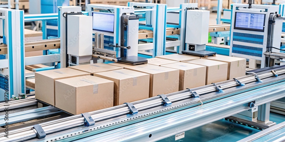 Automated Packaging Line in Modern Warehouse. A high-tech automated ...