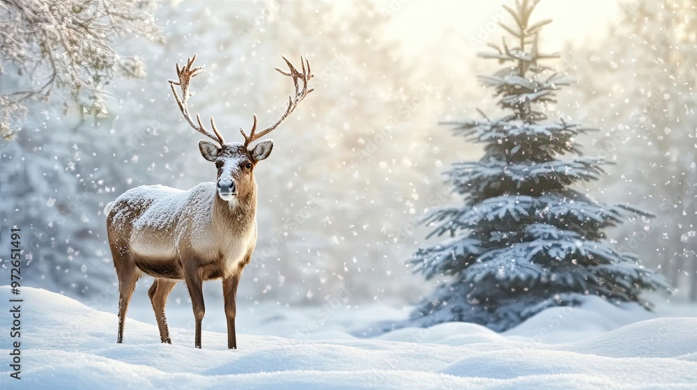 A majestic reindeer standing gracefully in a snowy landscape, surrounded by tall evergreen trees under a serene winter light. A majestic reindeer standing gracefully in a snowy landscape, surrounded by tall evergreen trees under a serene winter light.