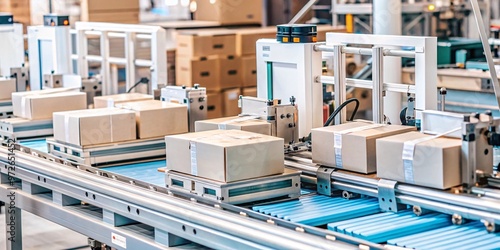 Automated Packaging Line in Modern Warehouse. A high-tech automated packaging line showcasing neatly stacked cardboard boxes on a conveyor system, designed for efficient sorting. 