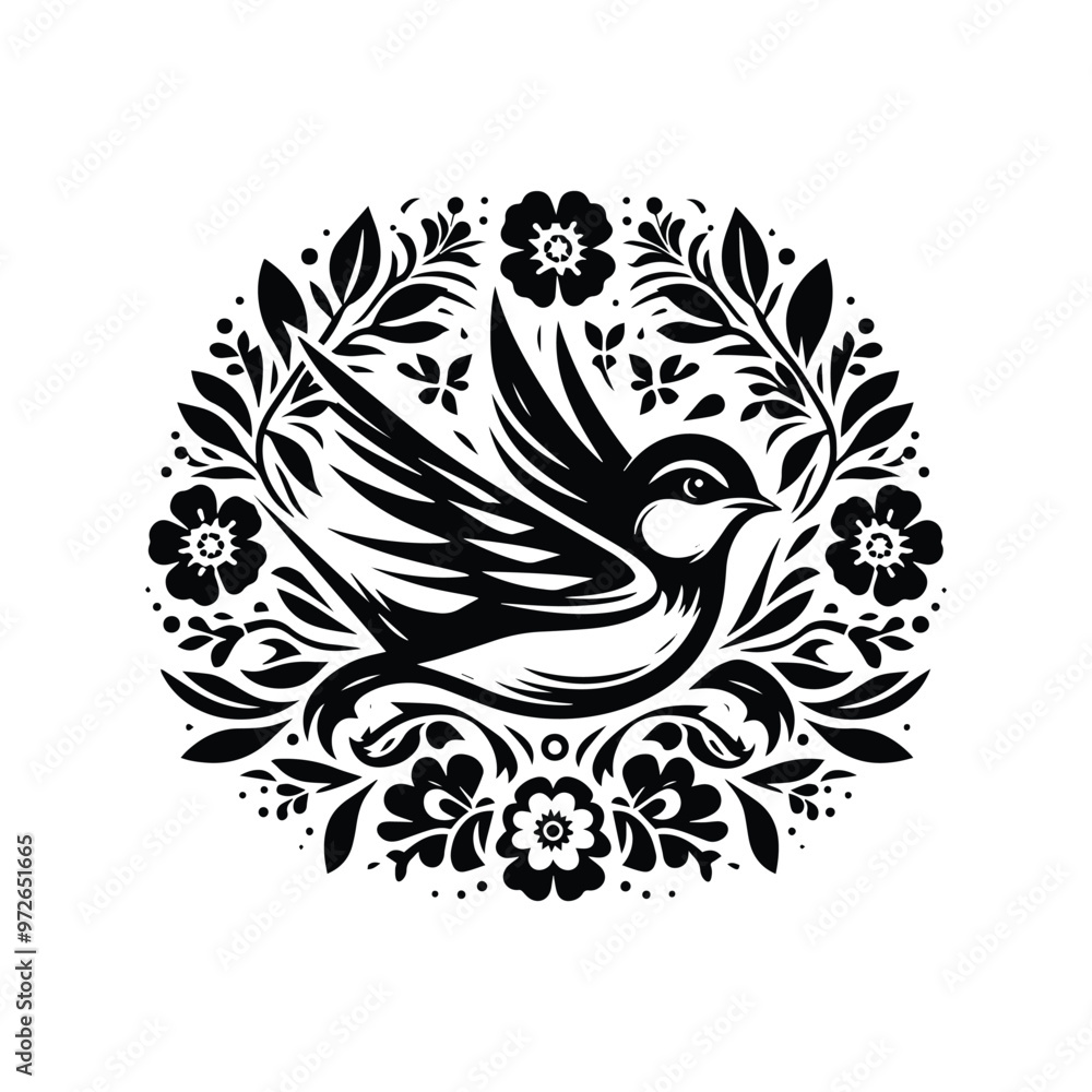 Swallow bird in folk art black and white silhouette illustration Swallow bird in folk art black and white silhouette illustration