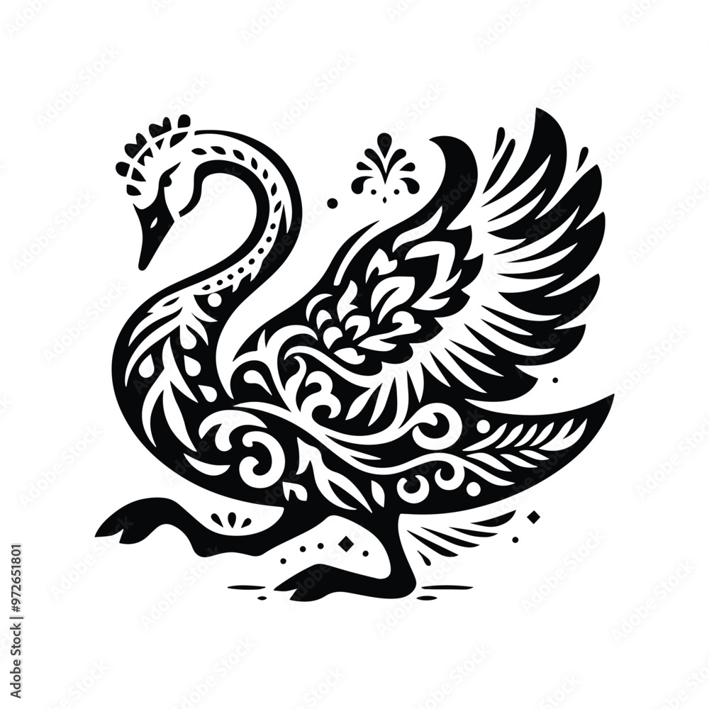 Naklejka premium Swan bird in folk art black and white silhouette illustration