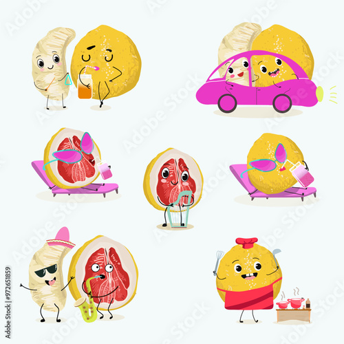 Pomelo fruit, tropical exotic citrus, vector isolated food icon, funny character. Pummelo or shaddock fruits , tropic farm juicy exotic fruits harvest, sweet fruity dessert. Hand drawn vector.