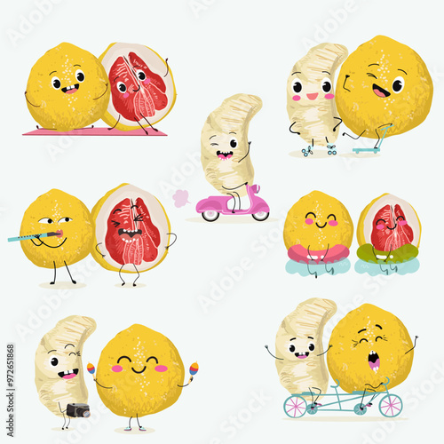 Pomelo fruit, tropical exotic citrus, vector isolated food icon, funny character. Pummelo or shaddock fruits , tropic farm juicy exotic fruits harvest, sweet fruity dessert. Hand drawn vector.