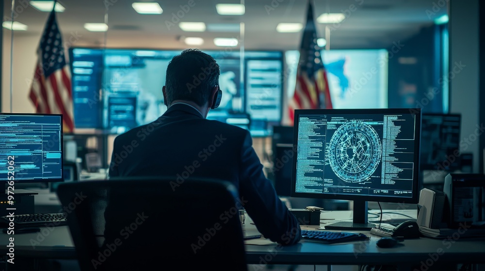 A government office where cybersecurity policies are being drafted, with officials discussing regulations and standards to protect national infrastructure A government office where cybersecurity policies are being drafted, with officials discussing regulations and standards to protect national infrastructure