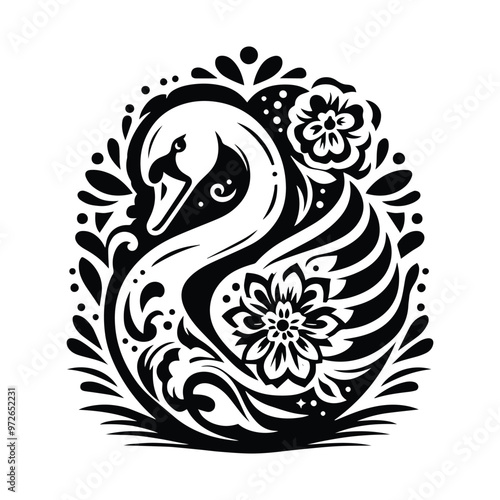 Swan bird in folk art black and white silhouette illustration