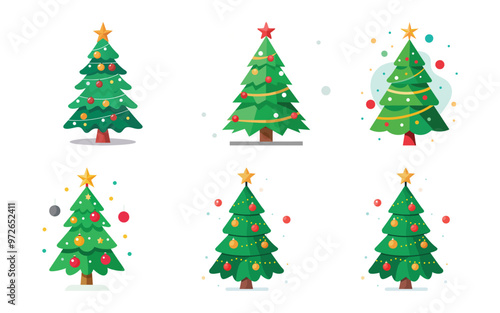 Festive Christmas trees illustration in bright colors with decorations, vector, holiday greeting cards