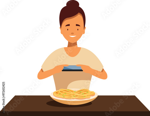 Young woman is sitting at the table and taking a photo of her lunch with her smartphone