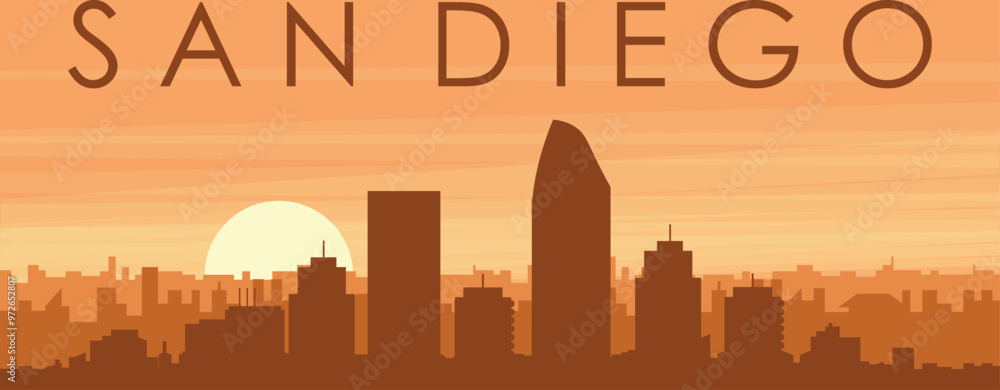 Brown panoramic poster of the city skyline with misty background buildings, sunrise, clouds and mountains of SAN DIEGO, UNITED STATES Brown panoramic poster of the city skyline with misty background buildings, sunrise, clouds and mountains of SAN DIEGO, UNITED STATES