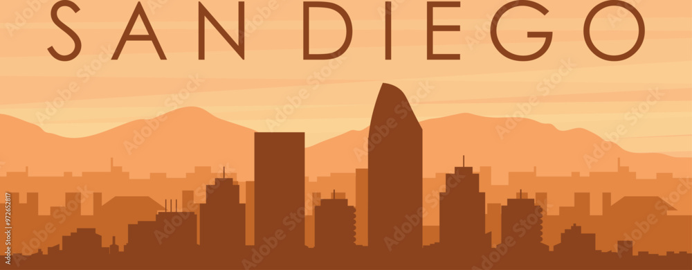 Brown panoramic poster of the city skyline with misty background buildings, sunrise, clouds and mountains of SAN DIEGO, UNITED STATES Brown panoramic poster of the city skyline with misty background buildings, sunrise, clouds and mountains of SAN DIEGO, UNITED STATES