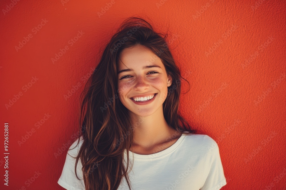 Portrait of Young Brunette Woman in Front of Red Wall, Generative AI. Portrait of Young Brunette Woman in Front of Red Wall, Generative AI.