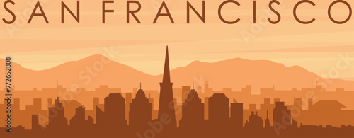 Brown panoramic poster of the city skyline with misty background buildings, sunrise, clouds and mountains of SAN FRANCISCO, UNITED STATES