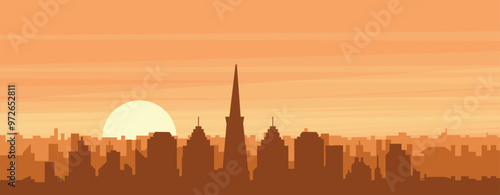 Brown panoramic poster of the city skyline with misty background buildings, sunrise, clouds and mountains of SAN FRANCISCO, UNITED STATES