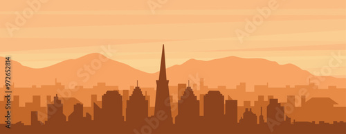 Brown panoramic poster of the city skyline with misty background buildings, sunrise, clouds and mountains of SAN FRANCISCO, UNITED STATES