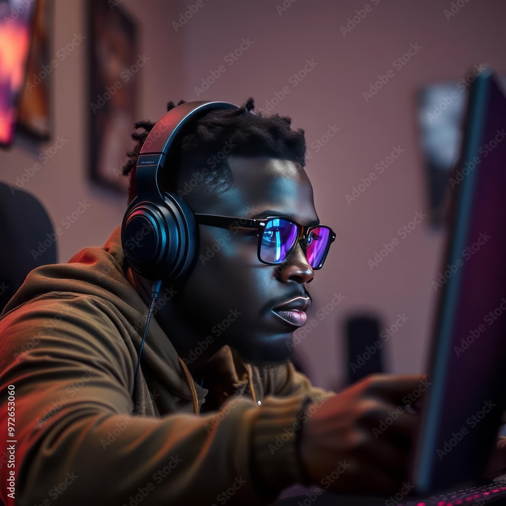 African american man gamer concentrating while playing online video game gameroom African american man gamer concentrating while playing online video game gameroom