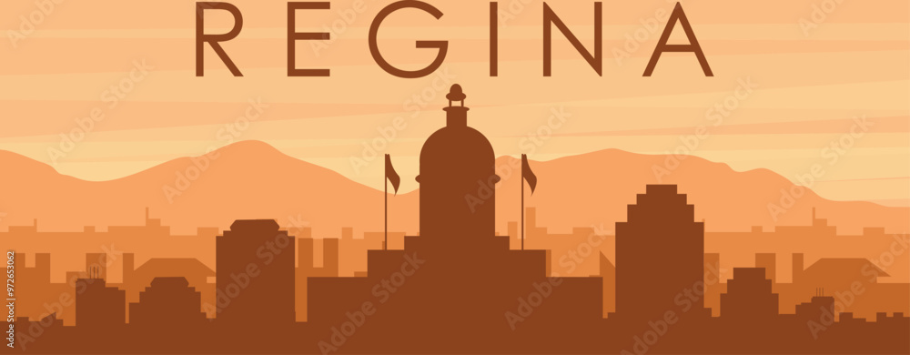 Brown panoramic poster of the city skyline with misty background buildings, sunrise, clouds and mountains of REGINA, CANADA Brown panoramic poster of the city skyline with misty background buildings, sunrise, clouds and mountains of REGINA, CANADA