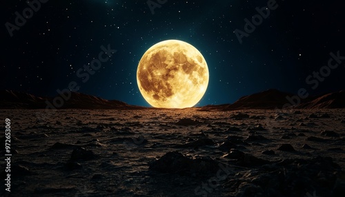 Massive moon looming over barren rocky terrain, surreal and hyper-realistic, alien world, science fiction space view