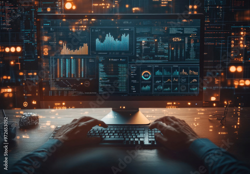 A businessman using digital twin technology to create and manage data in real-time, creating interactive visualizations on the screen with graphs, charts, bar graphs, or other marketing imagery showin photo