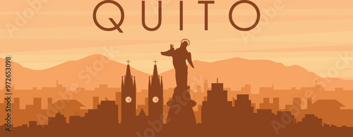 Brown panoramic poster of the city skyline with misty background buildings, sunrise, clouds and mountains of QUITO, ECUADOR