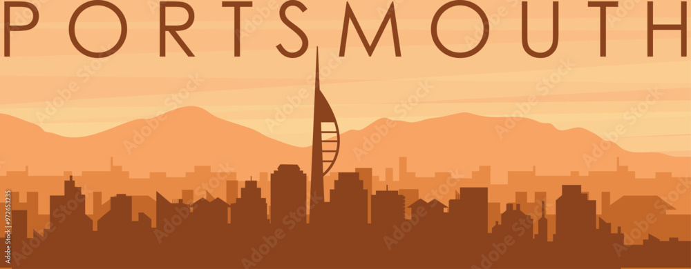 Brown panoramic poster of the city skyline with misty background buildings, sunrise, clouds and mountains of PORTSMOUTH, UNITED KINGDOM Brown panoramic poster of the city skyline with misty background buildings, sunrise, clouds and mountains of PORTSMOUTH, UNITED KINGDOM