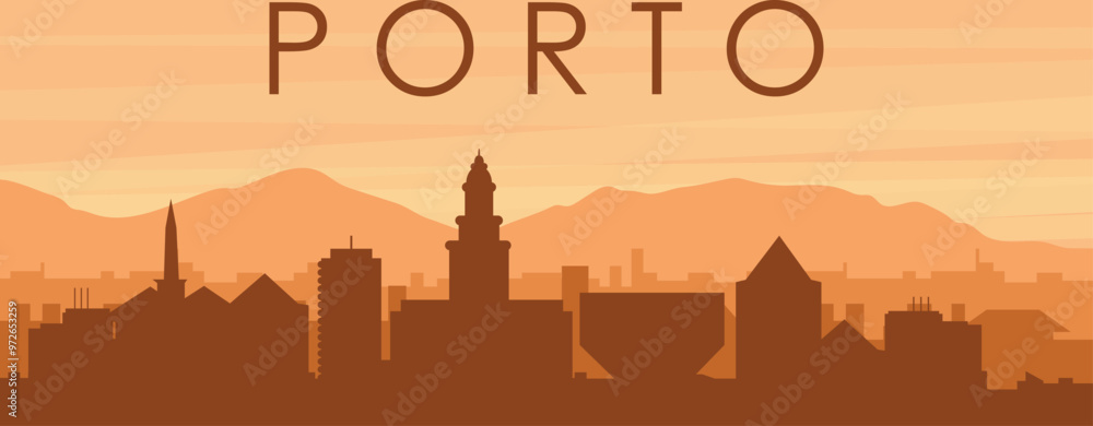 Brown panoramic poster of the city skyline with misty background buildings, sunrise, clouds and mountains of PORTO, PORTUGAL Brown panoramic poster of the city skyline with misty background buildings, sunrise, clouds and mountains of PORTO, PORTUGAL