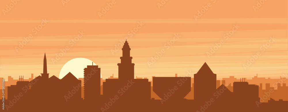 Brown panoramic poster of the city skyline with misty background buildings, sunrise, clouds and mountains of PORTO, PORTUGAL Brown panoramic poster of the city skyline with misty background buildings, sunrise, clouds and mountains of PORTO, PORTUGAL