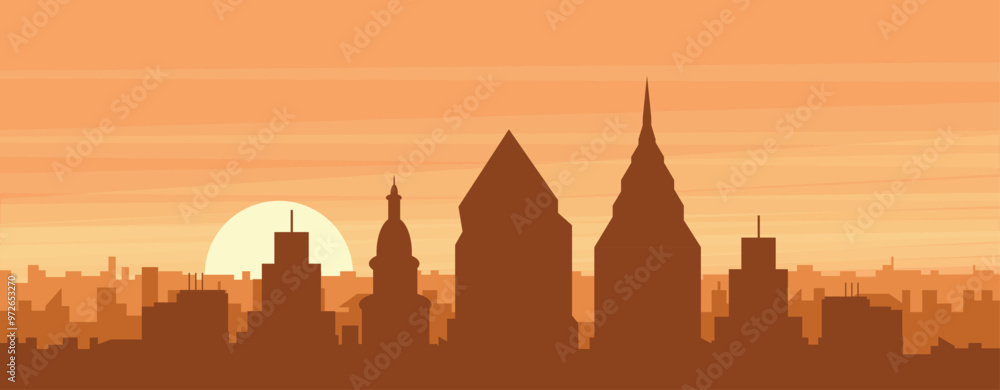 Brown panoramic poster of the city skyline with misty background buildings, sunrise, clouds and mountains of PHILADELPHIA, UNITED STATES Brown panoramic poster of the city skyline with misty background buildings, sunrise, clouds and mountains of PHILADELPHIA, UNITED STATES