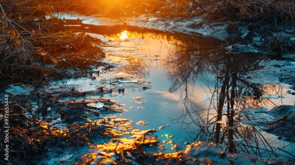 Contamination of waterways due to an oil spill Contamination of waterways due to an oil spill