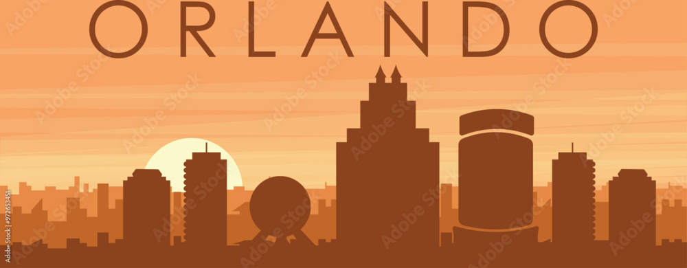 Brown panoramic poster of the city skyline with misty background buildings, sunrise, clouds and mountains of ORLANDO, UNITED STATES Brown panoramic poster of the city skyline with misty background buildings, sunrise, clouds and mountains of ORLANDO, UNITED STATES