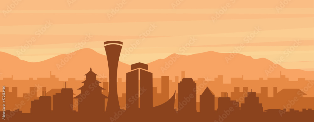 Fototapeta premium Brown panoramic poster of the city skyline with misty background buildings, sunrise, clouds and mountains of OSAKA, JAPAN