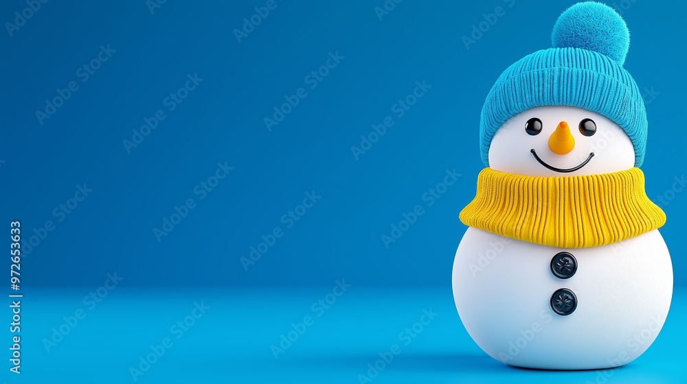 A snowman with a blue hat and a yellow scarf is standing on a blue background. The snowman has a happy expression on its face, and the blue and yellow colors create a cheerful and festive mood A snowman with a blue hat and a yellow scarf is standing on a blue background. The snowman has a happy expression on its face, and the blue and yellow colors create a cheerful and festive mood