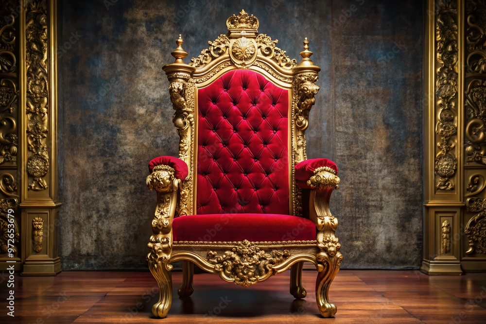 Ornate, gold-leaf-adorned throne chair with red velvet upholstery and intricately carved wooden armrests, situated on a Ornate, gold-leaf-adorned throne chair with red velvet upholstery and intricately carved wooden armrests, situated on a