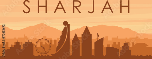 Brown panoramic poster of the city skyline with misty background buildings, sunrise, clouds and mountains of SHARJAH, UNITED ARAB EMIRATES