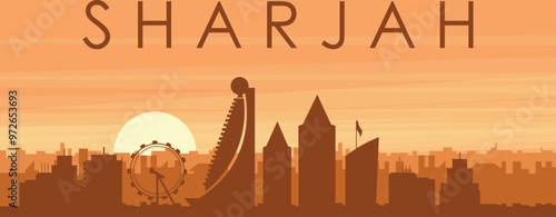 Brown panoramic poster of the city skyline with misty background buildings, sunrise, clouds and mountains of SHARJAH, UNITED ARAB EMIRATES