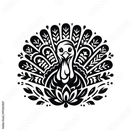 Turkey bird in folk art black and white silhouette illustration