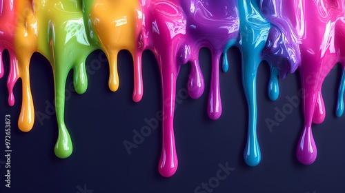 a vibrant and colorful scene with glossy, dripping paint in various bright colors. The paint drips from the top of the image downwards, creating a visually striking effect