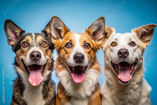 Playful canines showcase goofy grins and exaggerated expressions, tongues out, ears flapping, and tails wagging,