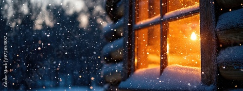 Cascading Snowflakes Against the Warm Glow of a Cabin Window from Outside photo